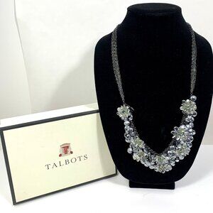 TALBOTS Cluster Bead Flowers Gun Metal Gray Bib Necklace Faceted Beads NWT & Box